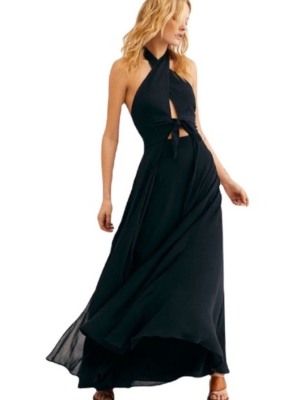 Free People My Long Time Love Maxi Dress Black Size M Flowy Boho Halter Smocked